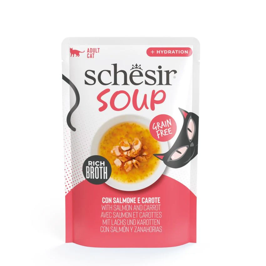 SCHESIR شوربة رطبة بسلمون وجزر 12x40g في كيس - وجبات متوازنة للقطط