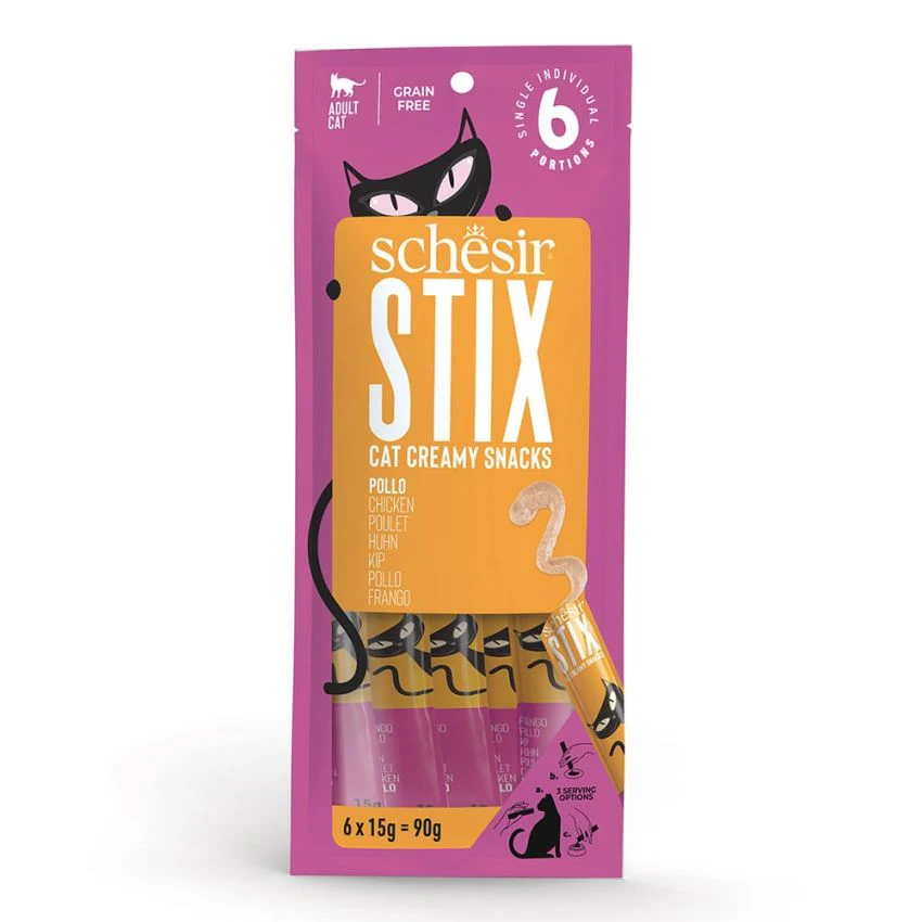 SCHESIR STIX مكافآت كيسية للقطط - دجاج 12X6X15G موس كريمي غني بالبروتين