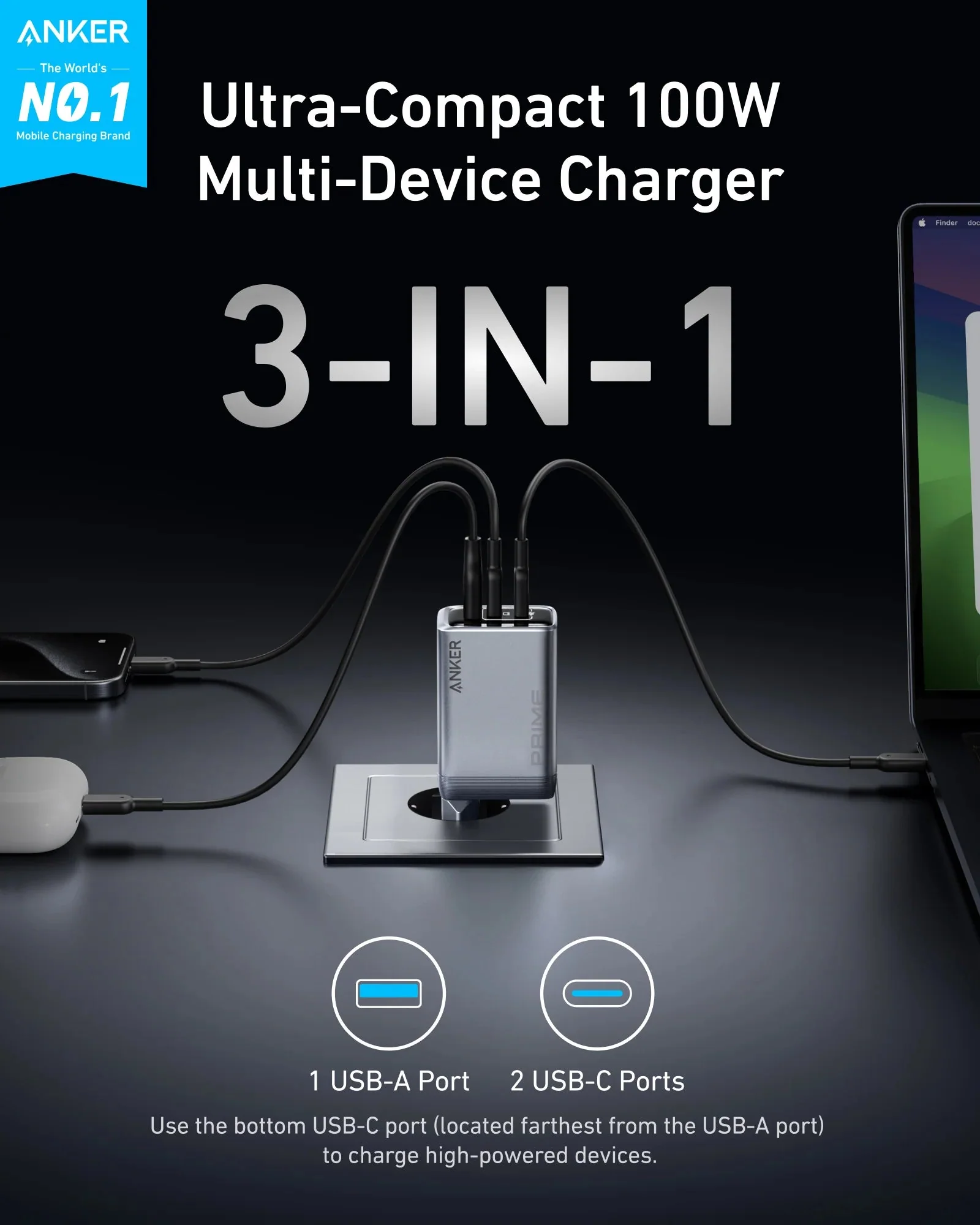 شاحن برايم 100W بثلاثة منافذ GaN للشحن السريع من Anker - Image 2