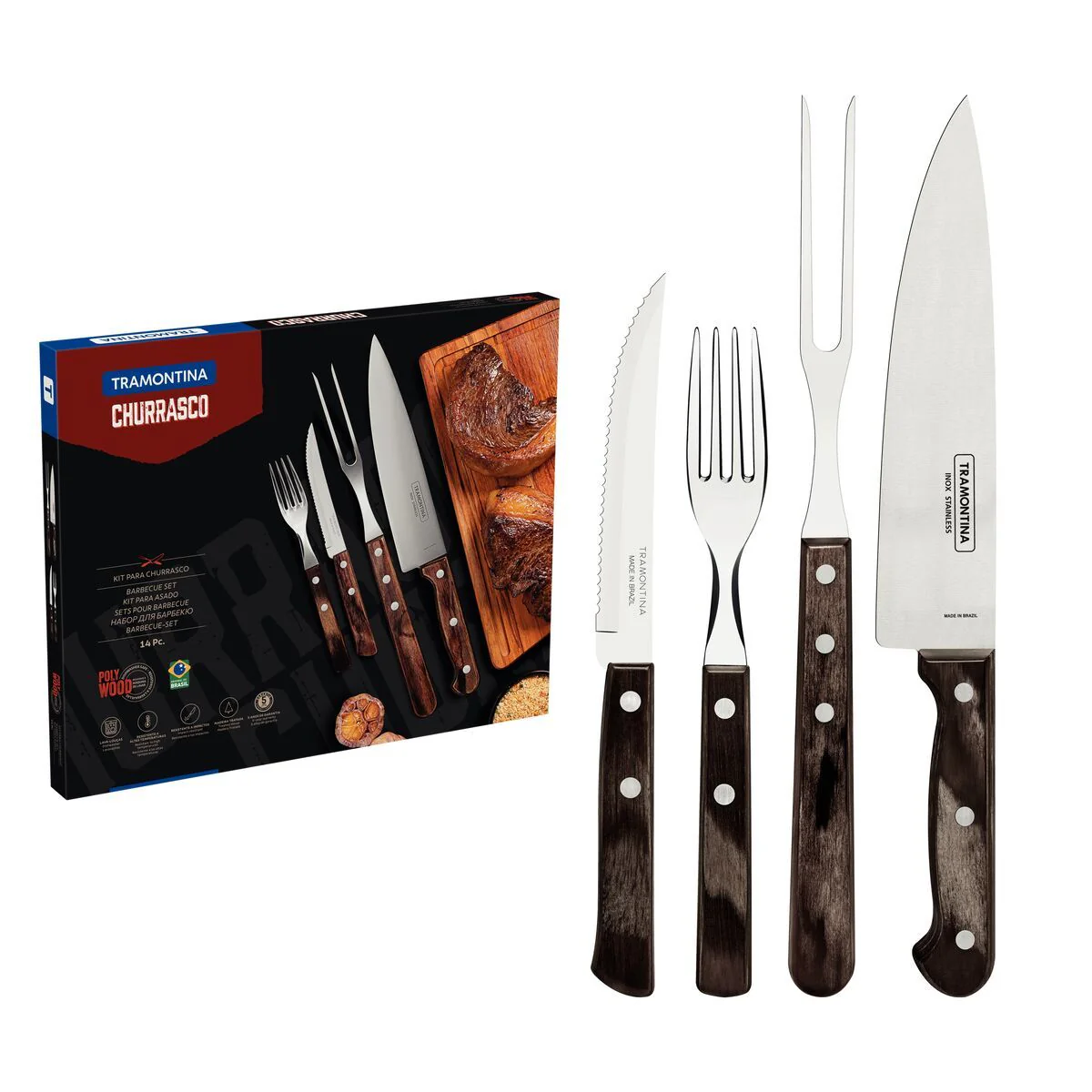 طقم أدوات باربكيو 14 قطعة من Tramontina Churrasco Polywood