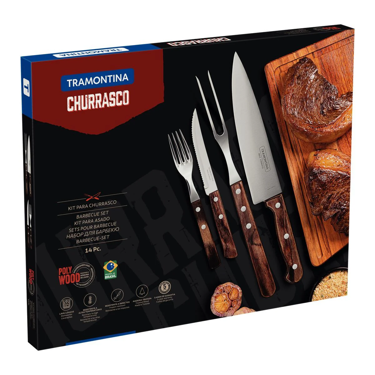 طقم أدوات باربكيو 14 قطعة من Tramontina Churrasco Polywood - Image 3