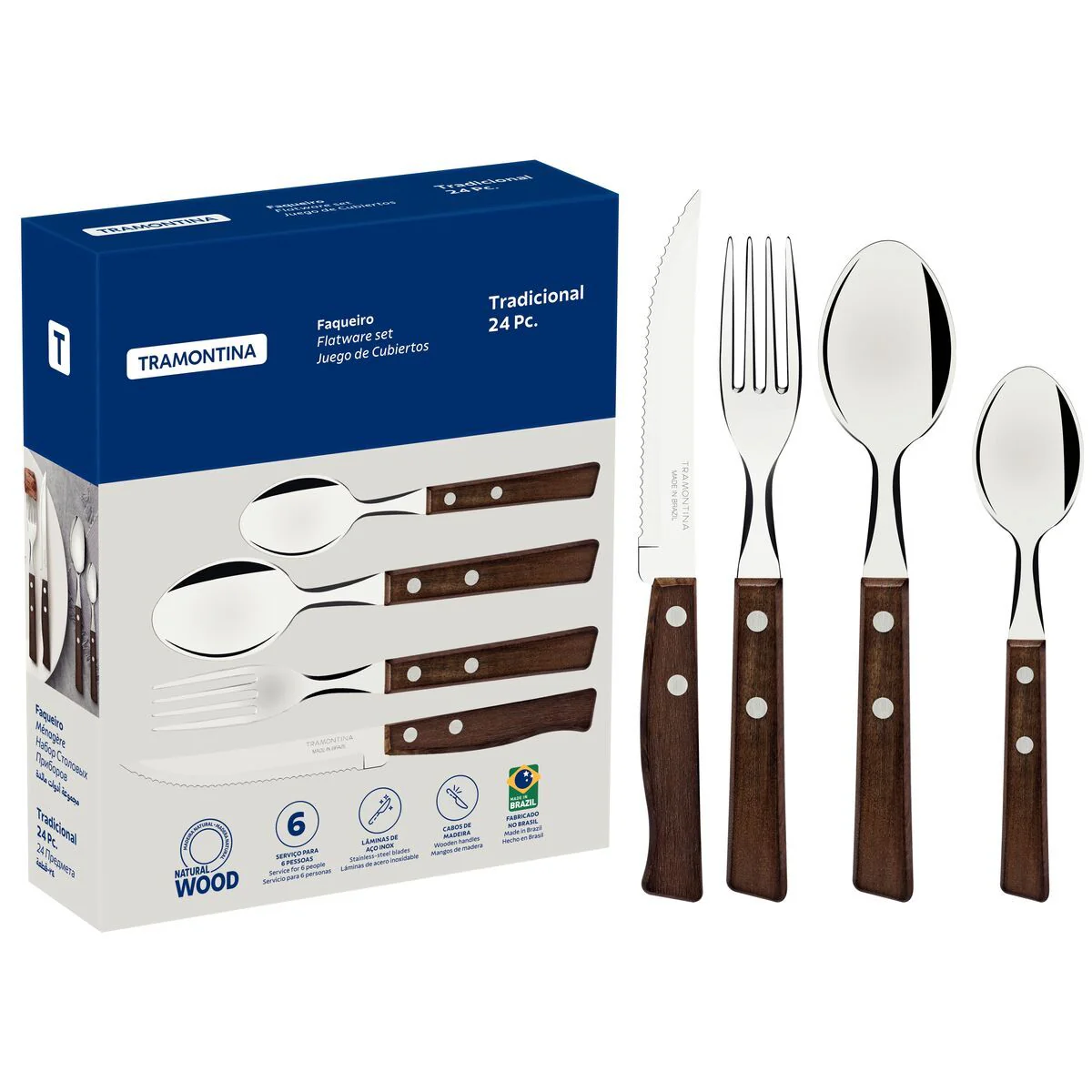 طقم أدوات مائدة 24 قطعة من Tramontina Traditional Wood - Image 2