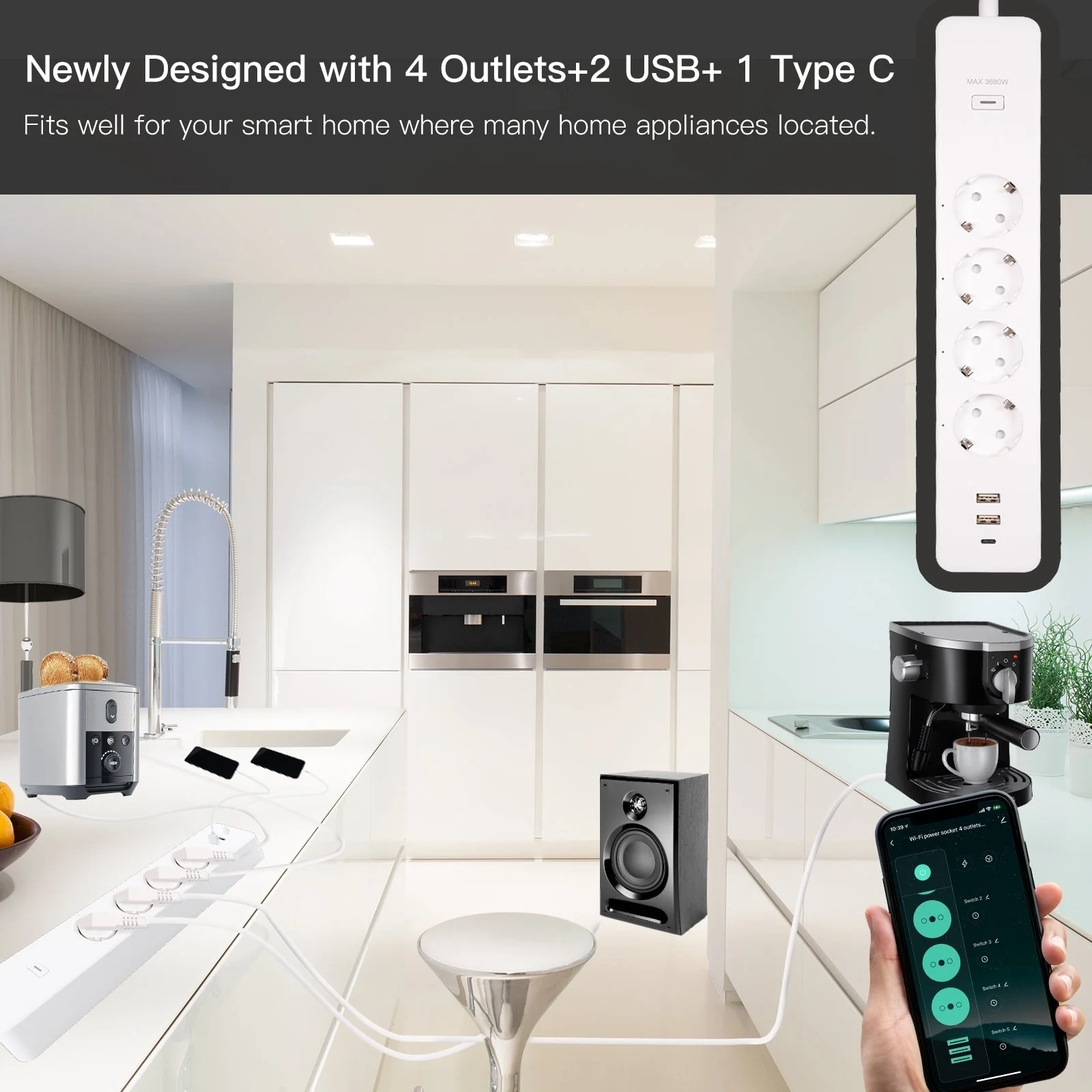 وصلة كهربائية ذكيةمع 4 اباريز شوكو الماني مع 2 USB  و ابريز Type-C - Image 4