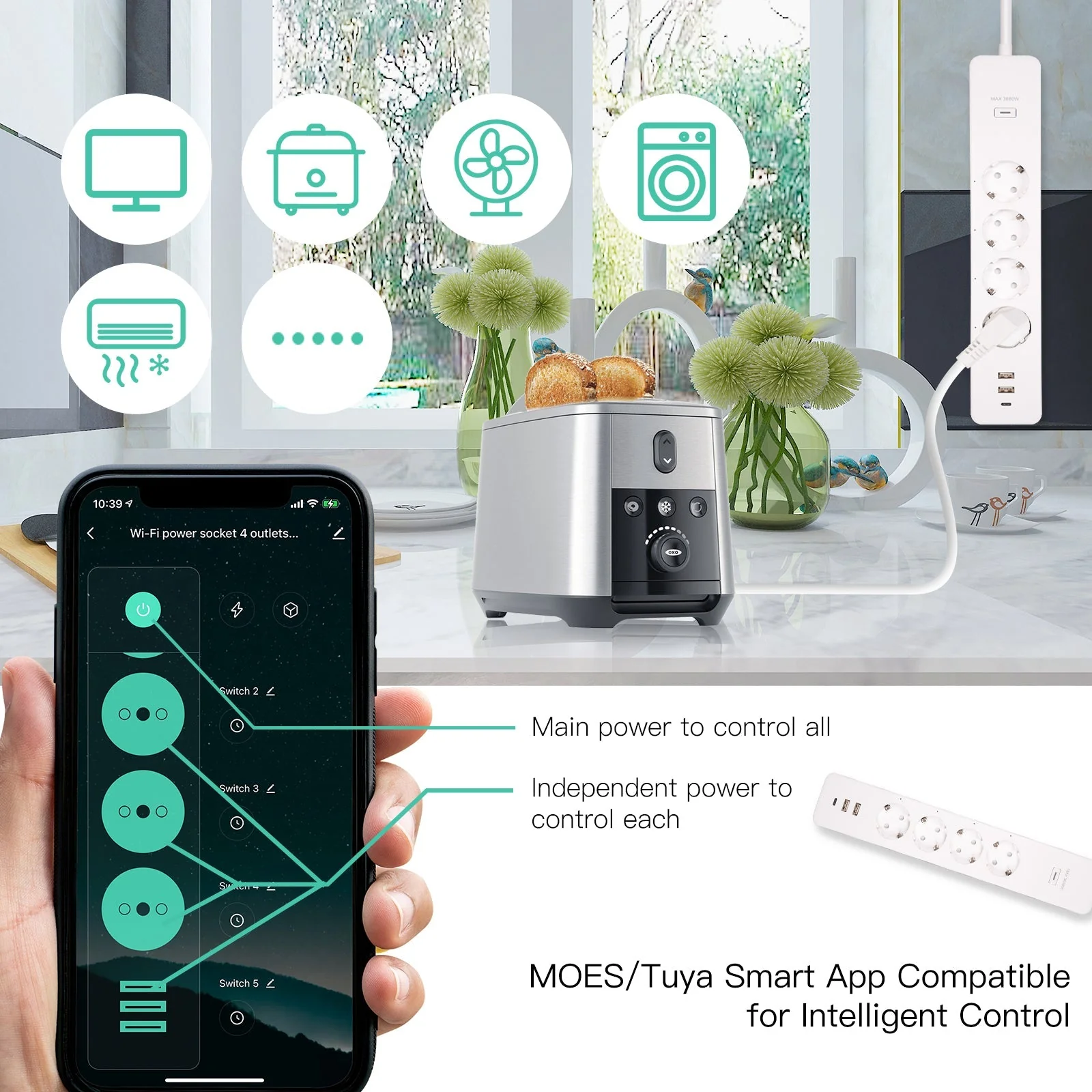 وصلة كهربائية ذكيةمع 4 اباريز شوكو الماني مع 2 USB  و ابريز Type-C - Image 5
